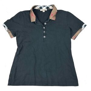 BURBERRY Brit Womens Polo Shirt Sz Medium Black Cotton Nova Check Collar